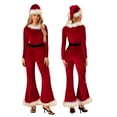 thumbnail image 6 of Santa Claus Costume Womens Christmas Jumpsuit Faux Fur Trim Belted Bell-Bottom Santa Outfit with Hat, 6 of 7