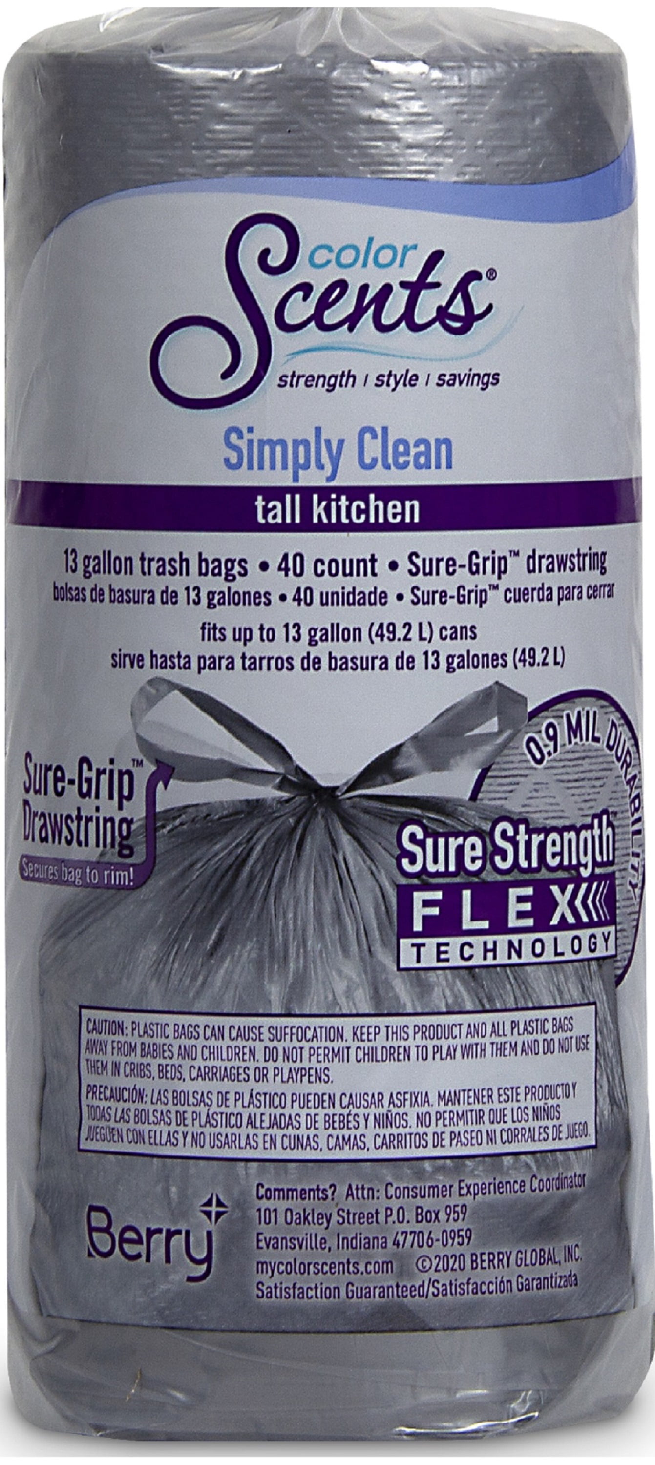 Color Scents Strong Flex Tall Kitchen Trash Bags, 13 Gallon, 40 Bags  (Simply Clean Scent, Odor Control, Stretch Drawstring) 
