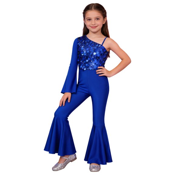 vastwit Kids Girls One Shoulder Flared Jumpsuit with Sequins Fancy Romper Disco Dance Party Outfit Royal Blue 8
