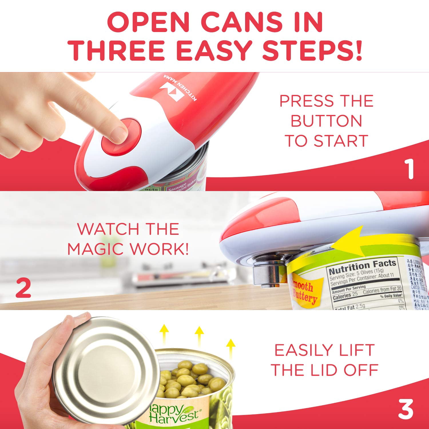 Kitchen Mama Handheld Electric Can Opener (Red)