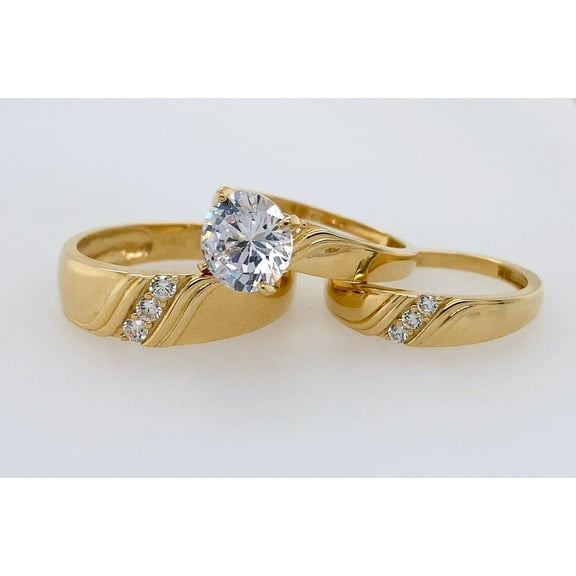 Bluebell Jewels 14K Yellow Gold Finish Trio His/Her Wedding Engagement Ring Set Round Cut CZ