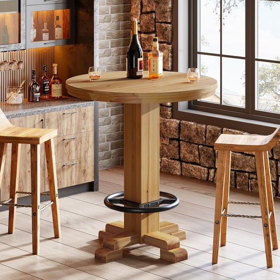 Tribesigns Round Bar Table, 37.4" H Bistro Pub Table with Metal Footrest, Solid Wood Bar Unit for Small Space, Pub, Bistro, (Only Table)