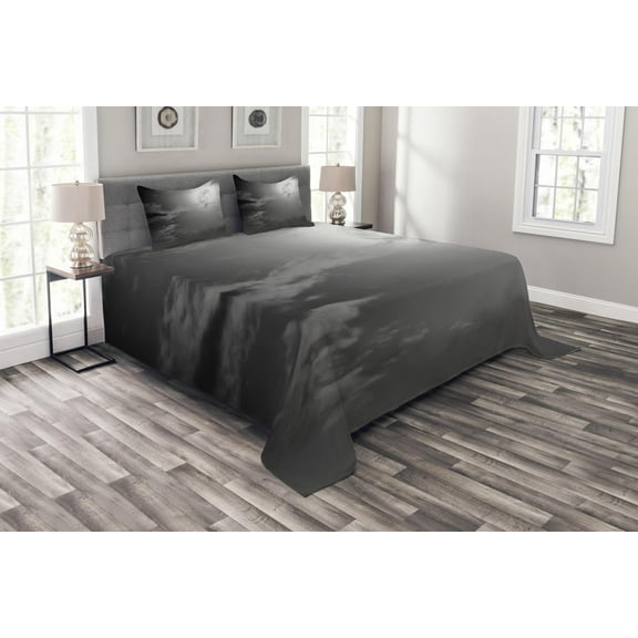 Ambesonne Night Sky Quilted Bedspread Set 3 Pcs, Full Moon and Clouds, King Size, Black White