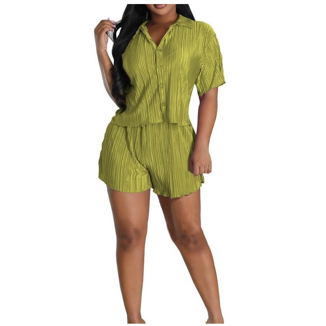 Mikilon Ensemble Élégant pour Femmes 2 Pcs Couleur Unie Plissé Mode Décontractée Manches Courtes Ensemble Deux Pièces Couleur Unie Plissé Mode Décontractée Manches Courtes Ensemble Deux Pièces Vert TG