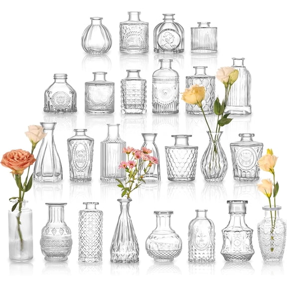 Glass Bud Vases Set of 25, 25 Sizes of Small Flower Vase for Party or Home Table Decorations