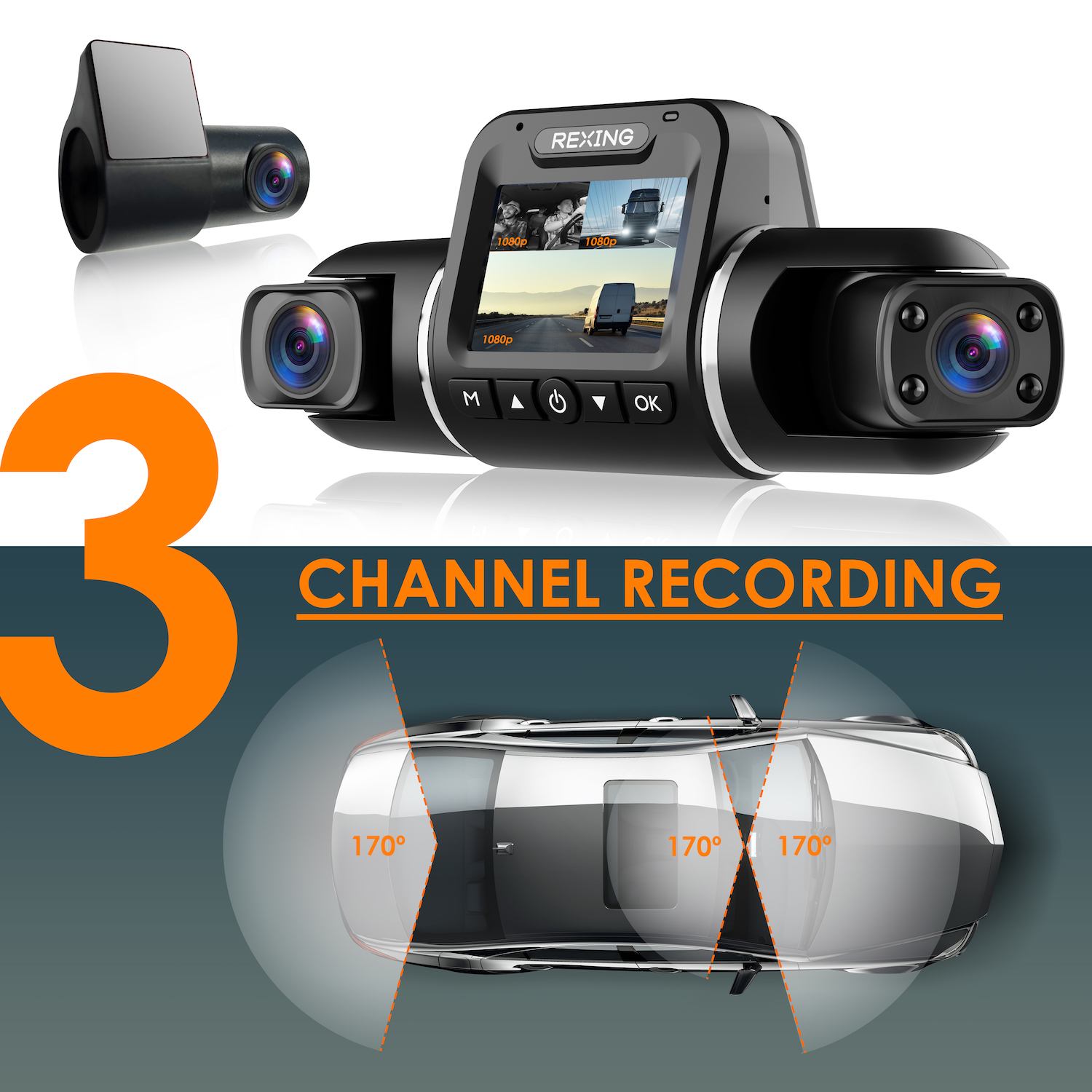 REXING V2 Pro AI Dash Cam, Channel Front/Cabin/Rear 1080p Recording,2” LCD ,WiFi,Mobile App,GPS,Night Vision,Artificial Intelligence Dash Camera w/  ADAS, Collision/Pedestrian/Lane Departure Warning