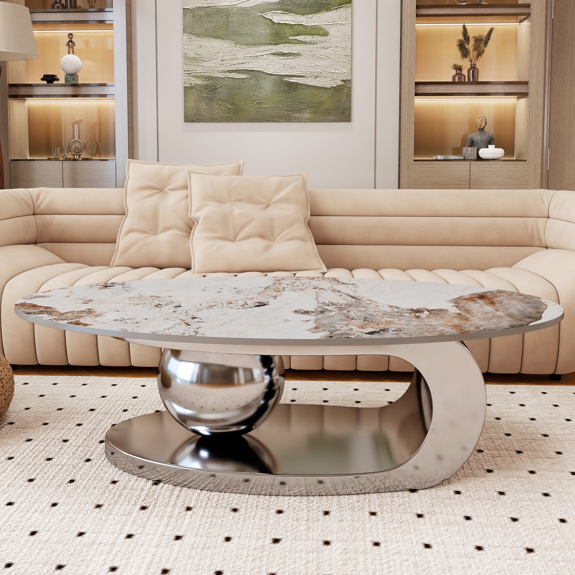 MDQMD Oval Coffee Table with Faux Marble Top Gray Steel Base Modern Minimalist Living Room Table  Storage Shelf Central Ball Support Design  Gray Marble Space-Saving Center Table