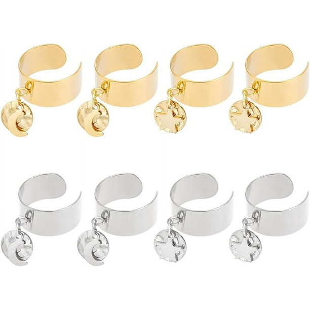 8 anillos de acero inoxidable de 2 colores con dijes para mujer, redondos, ajustables, con dijes de luna y estrella, con puño abierto.