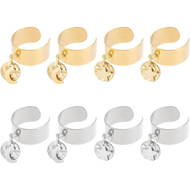 8 anillos de acero inoxidable de 2 colores con dijes para mujer, redondos, ajustables, con dijes de luna y estrella, con puño abierto.