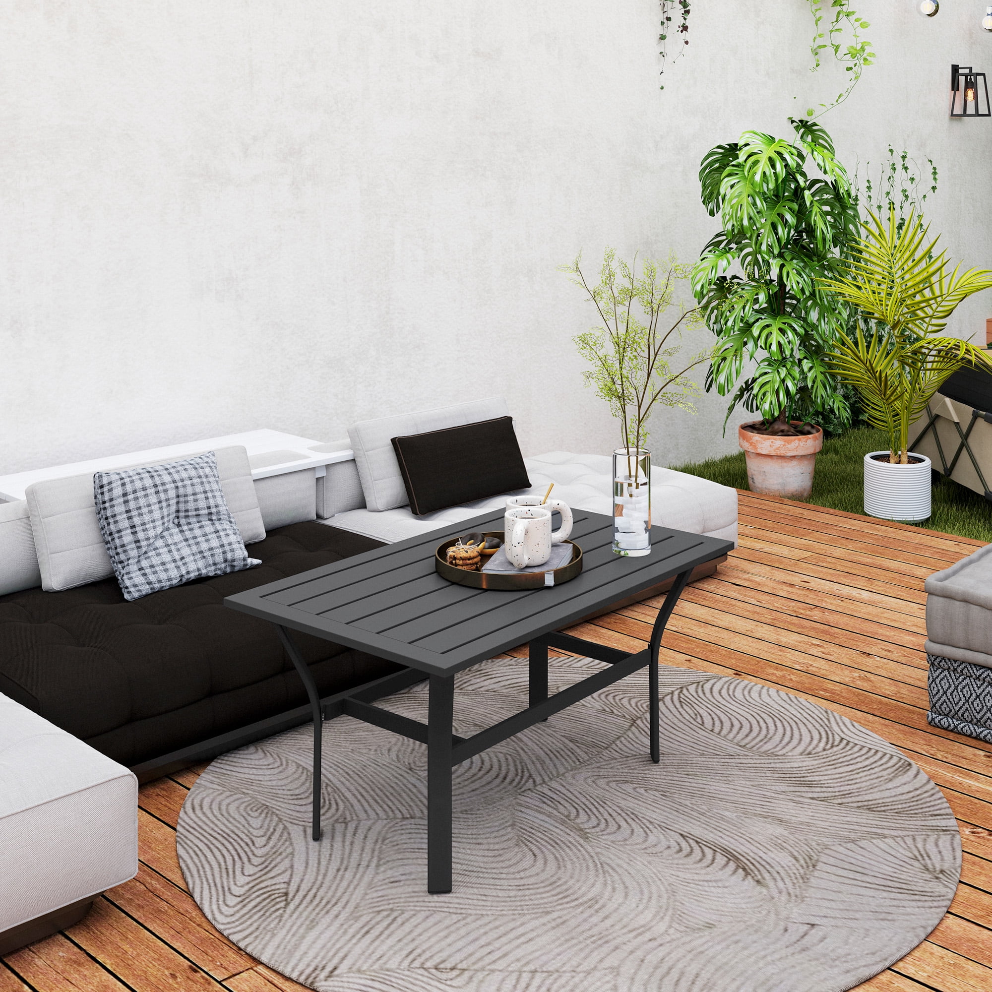 Outsunny Outdoor Coffee Table, All-Weather Rectangle Patio Coffee Table with Slatted Tabletop for Outside, Patio, Black