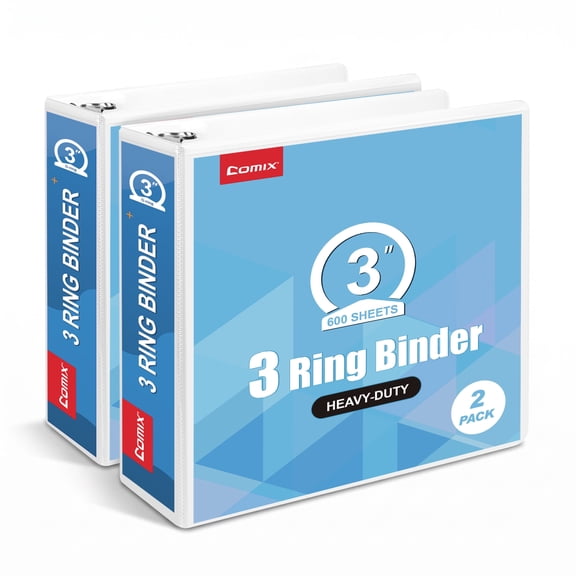 Comix Heavy-duty 3 inch 3 Ring Binder with Clear Cover, Round Ring, 600 Sheets Capacity, Office School Supplies, 2-Pack White2 Pack White