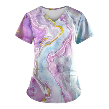

Women Scrubs Top Short Sleeve V-Neck Printed Working Tshirts Tee Tops With Pockets Uniform Nurses Clothing Workwear