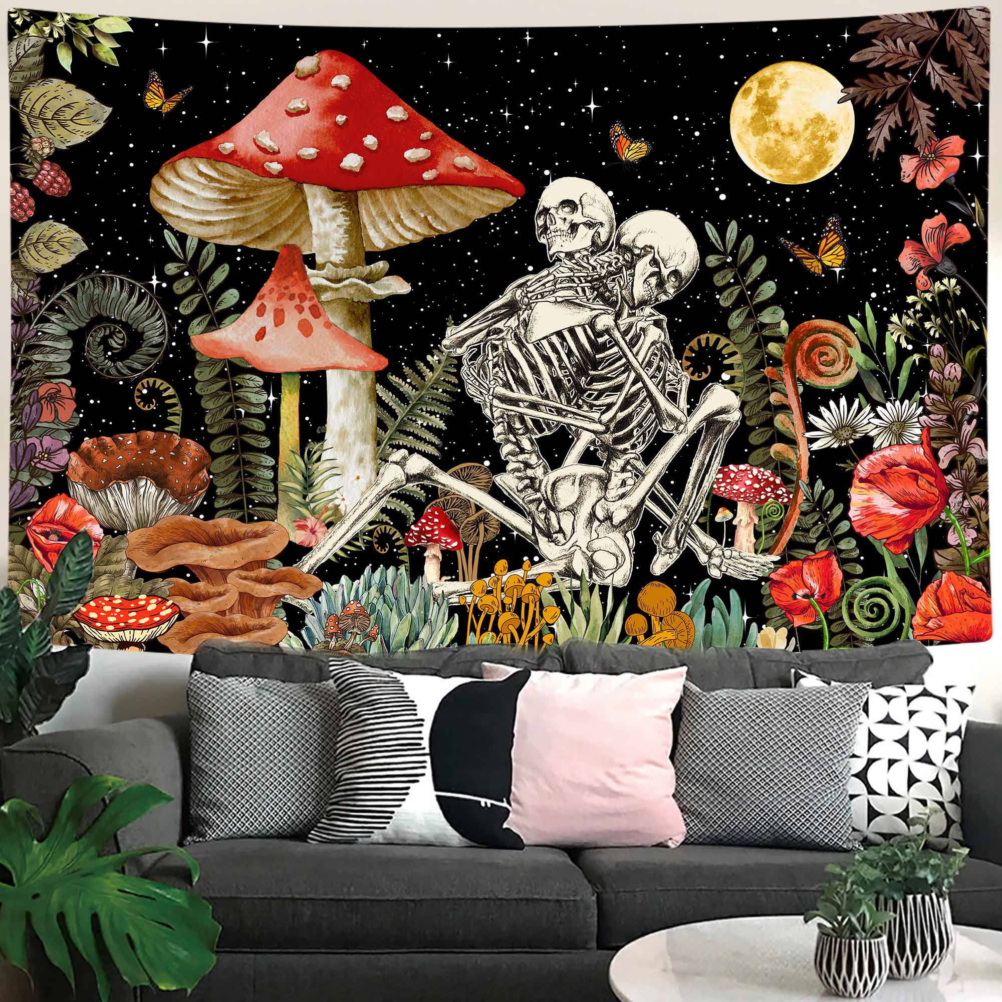 Mushroom Skull Gothic Tapestry Skeleton Floral Plant Flower