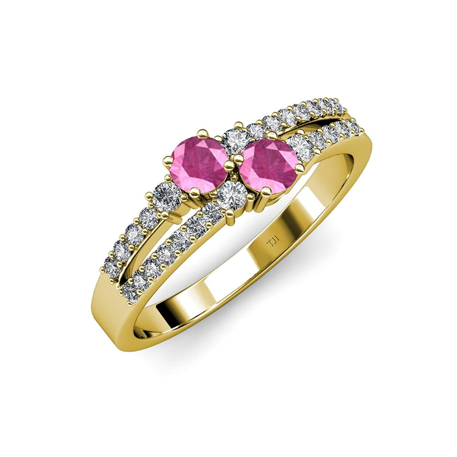 Pink Sapphire 2 Stone with Side Diamonds Split Shank Engagement Ring 0.92 ct tw 14K Yellow Gold.size 8.0 by TriJewels