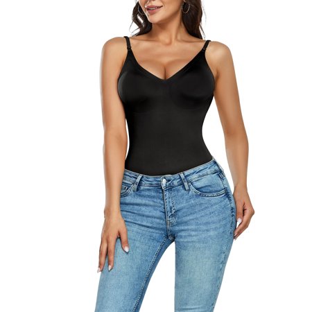 

Molutan Solid Women Waist Trainer Shapewear Tummy Control Fajas Body Shaper Sexy V-Neck Slim Bodysuit Tops(Black XL)