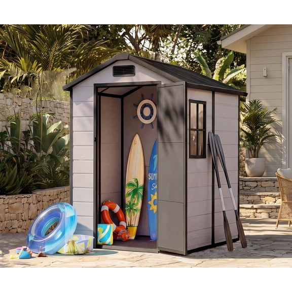 4x6 ft Outdoor Storage Shed with Floor, Plastic Resin Garden Shed with Window & Lockable Door, Tool Shed for Patio, Backyard, Lawn Mower, Bike Storage, Gray and Black