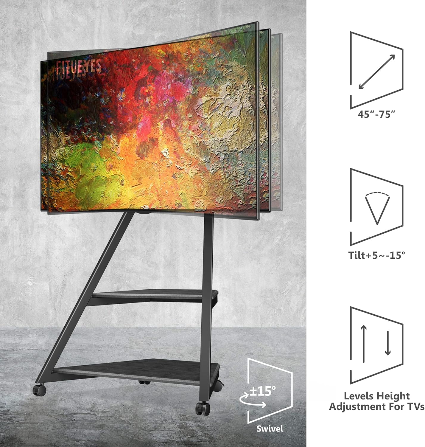 FITUEYES Eiffel Series Rolling Corner TV Stand for 43–75 Inch TVs, Black