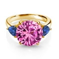 thumbnail image 2 of Gem Stone King 18K Yellow Gold Plated Silver Pink Created Sapphire and Blue Created Sapphire 3-Stone Ring for Women (8.88 Cttw, Round 12MM, Trillion 5MM, Size 9), 2 of 3