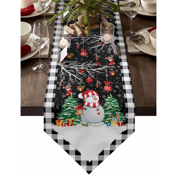 Table Runner Dresser Scarves Winter Snowman Christmas Tree Cotton Linen Burlap Table Cover Snowflake Cardinal Black Lattice Table Runners for Family Kitchen Dining Holiday Party Banquet Decor