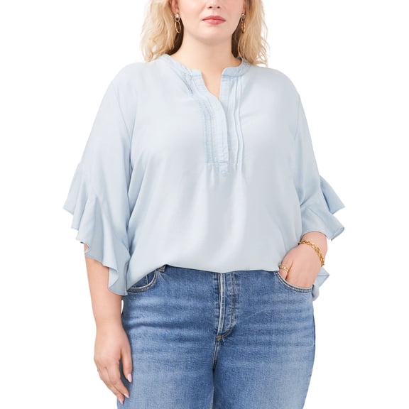 Plus Size Split Neck Ruffle Sleeve Top Arctic Surf 3X