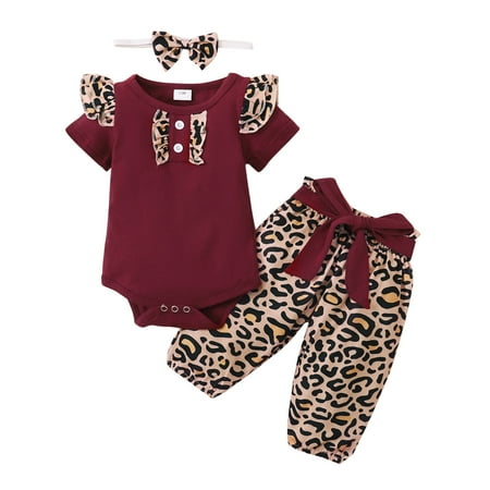 

TAIAOJING Toddler Baby Girl Clothes Summer Ruffled Romper+Leopard Bow Pants Set Outfits For Girl 6-9 Months