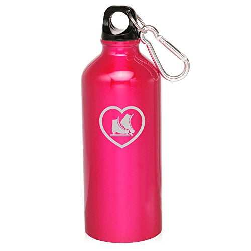 20oz Aluminum Sports Water Bottle Caribiner Clip Heart Ice Skates (Hot Pink) by
