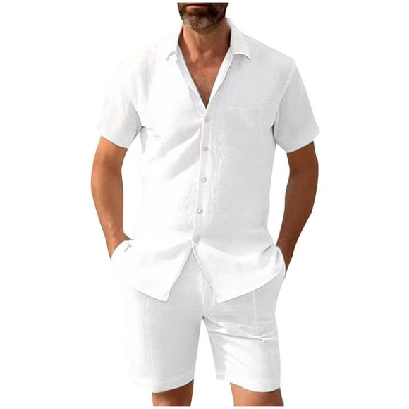 Ediodpoh Men's Oversized Cotton and Linen Set Two Piece Clothing Shirt Casual Set Shorts Short Sleeved Shirt Set Mens Suits White M