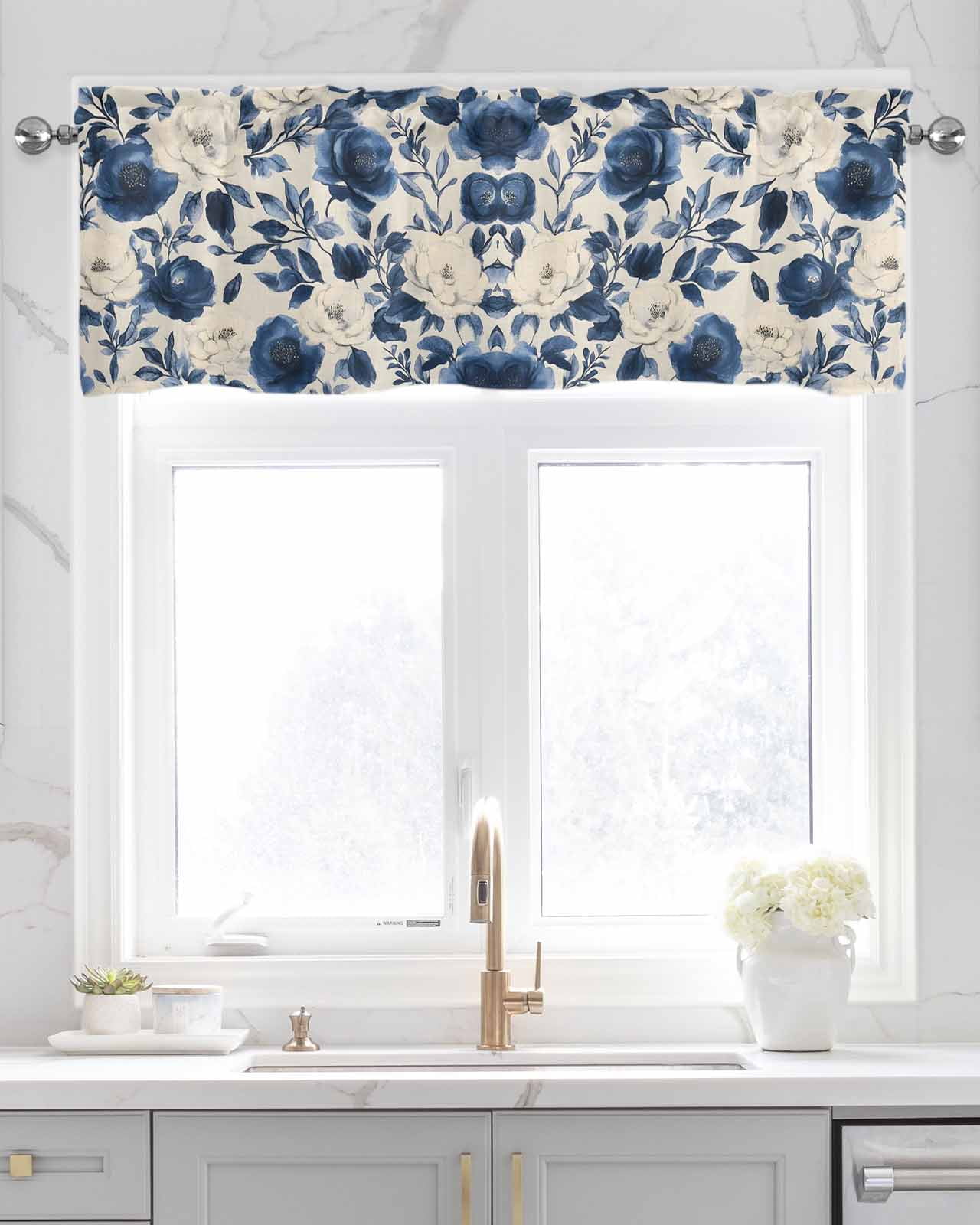 Navy Blue Beige Peony Kitchen Valances for Windows Farmhouse Linen Window Valance Curtain for Living Room Window Treatment Vintage Floral Blossom Botanical Valance Rod Pocket Topper, 54 x 18 Inch