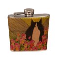 thumbnail image 2 of KuzmarK 6 oz. Leather Flask Set in Black Presentation Box -  Tuxedo Maine Coon Kitty Fairy with Pansies Cat Art by Denise Every, 2 of 2