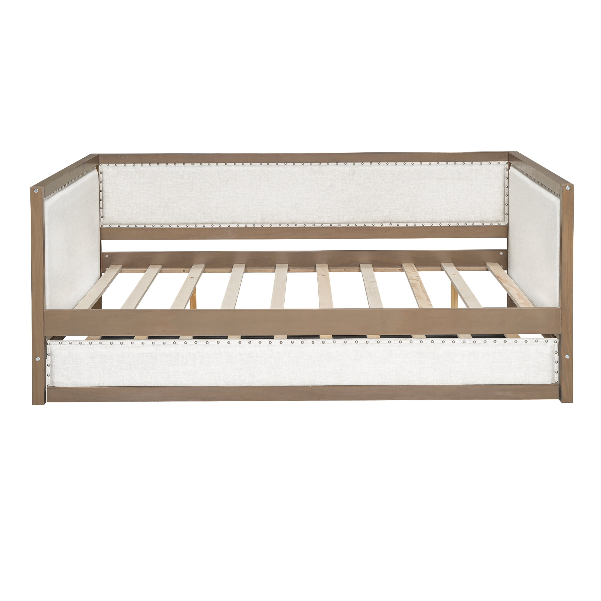 Euroco Upholstered Daybed with Trundle Bed, Full Size Nailhead Sofa Bed, Wood