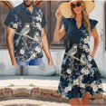 thumbnail image 2 of Garronmavis Plum Blossom Bird Matching Couple Outfits Short Sleeve Shirt for Men Summer Hawaiian Shirts and Women's V-neck Dress Flowy Beach Party Dresses Size 4XL, 2 of 7