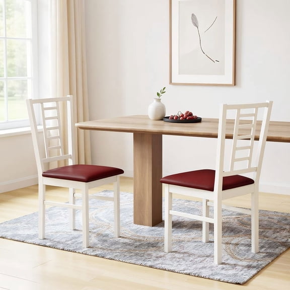 Resenkos PU Leather Upholstered Wood Dining Chairs Set of 2, Comfortable Chair with Slatted Back for Restaurant, Kitchen, White