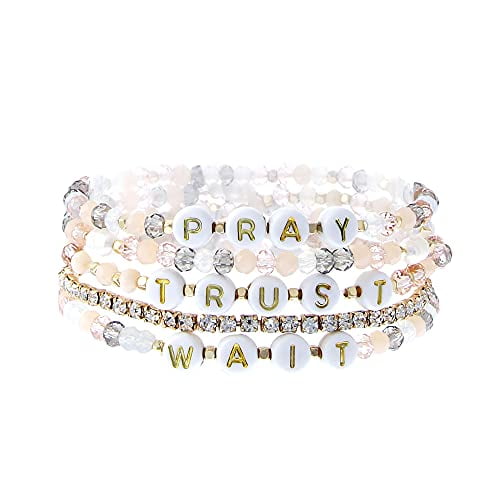 Inspirational Message Multi Strand Beaded Stackable Stretch Bracelets for Women - Pray Trust Wait - Bohemian Boho Style Bracelets - Beautiful Faceted Glass Beads - Gift Box Included PRAY TRUST WAIT