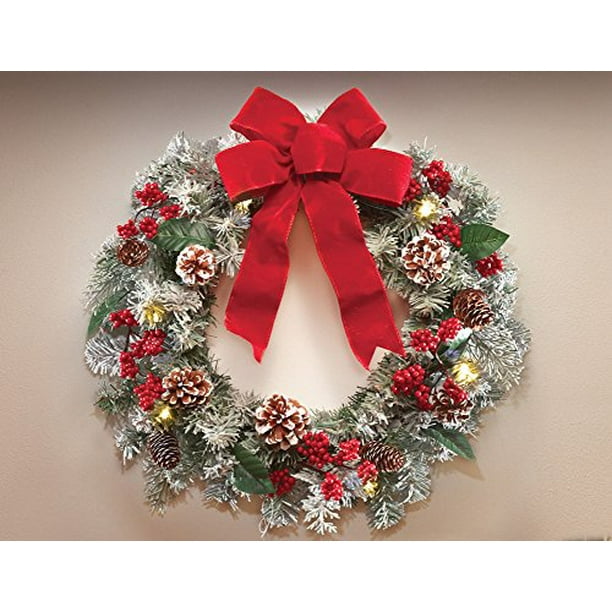 18 Amp Quot Led Lighted Frosted Faux Greenery Wreath Red Bow Berries Pinecones Winter Christmas Decor Walmart Com Walmart Com
