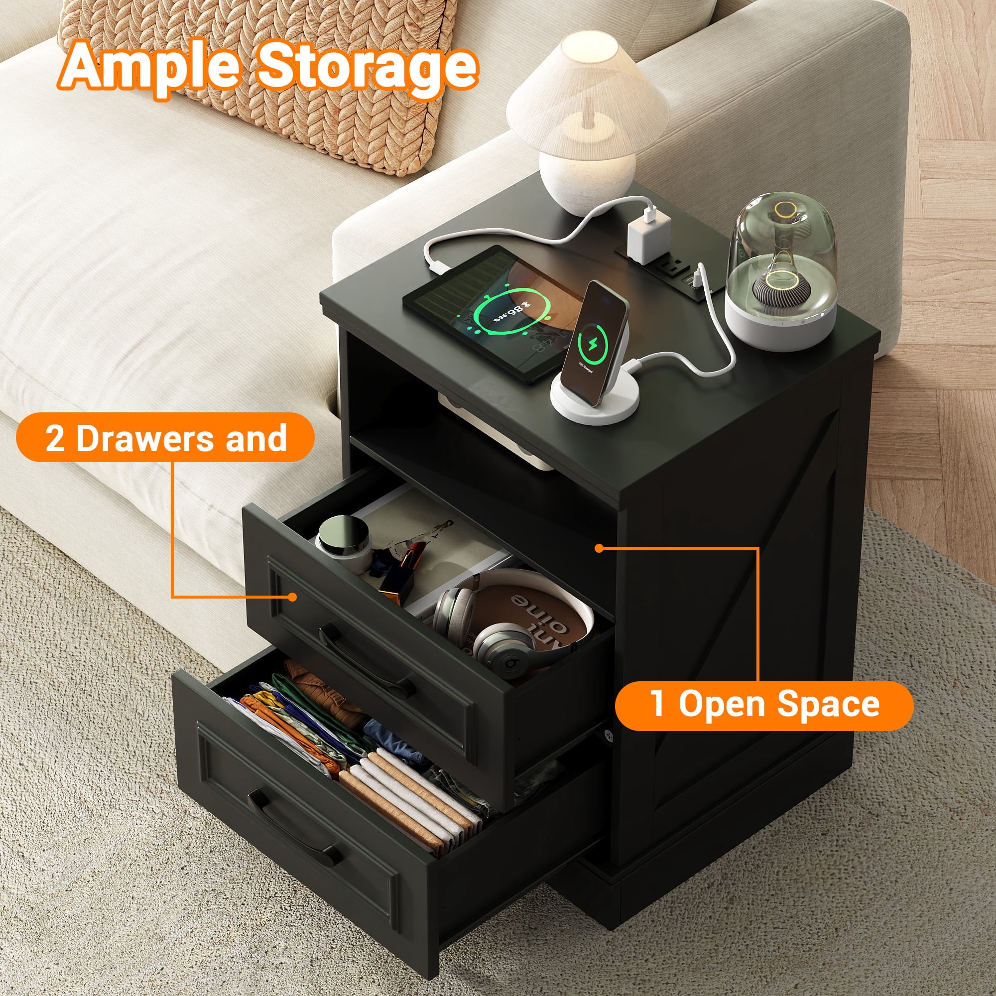 NEGYLIM 2-Piece Nightstand, Farmhouse End Table with Charging Station, 2 Drawers Storage for Bedroom, Black