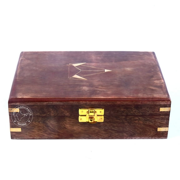 Hind Handicrafts Handmade Wooden Brass Inlaid Engraved Handcarved Jewellery Box Urn for Women-Men Jewel - Storage & Organiser - 8" x 6" x 2.5"