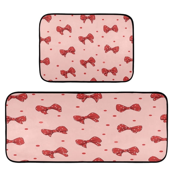 2-Piece Kitchen Rugs Set Non-Slip Mats Carpet Floor for Kitchen, Bathroom (19.7"x27.6" & 19.7"x47.2") Red Bows and Polka Dots