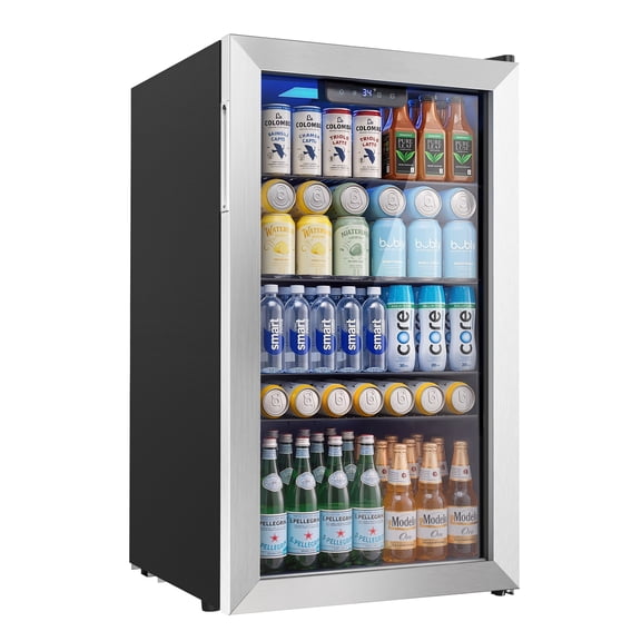 Simzlife 130 Can Beverage Refrigerator with Glass Door for Home, 17.3 in D, 31.3 in H, Silver