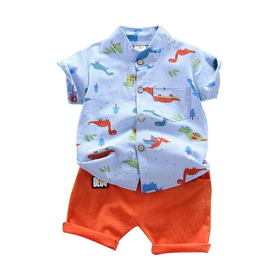 Baby Boy Outfits Summer Thin Cartoon Dinosaur Series Shorts Short Sleeve Two Piece Set Baby Boy Clothes Blue 18 Months-24 Months