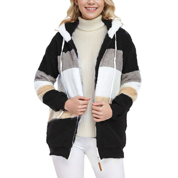 SWSMCLT Women's Fuzzy Hoodie Thermal Long Sleeve Outerwear Fashion Winter Fleece Jacket Full Zip Drawstring Soft Fall Cute Black XX-Large