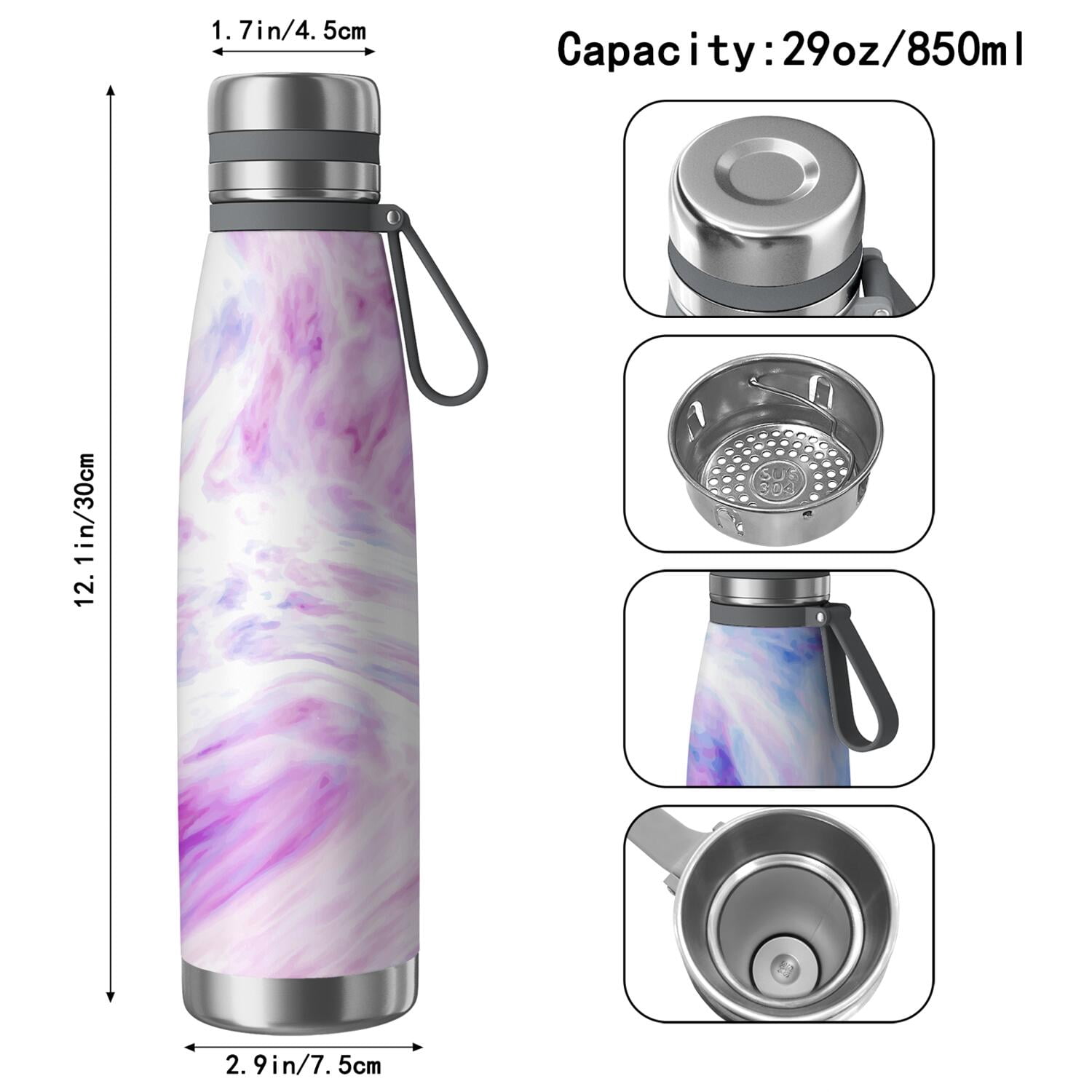 29oz Insulated Water Bottle with Tea Infuser, Stainless Steel Travel Mug, Liquid & Marble Print
