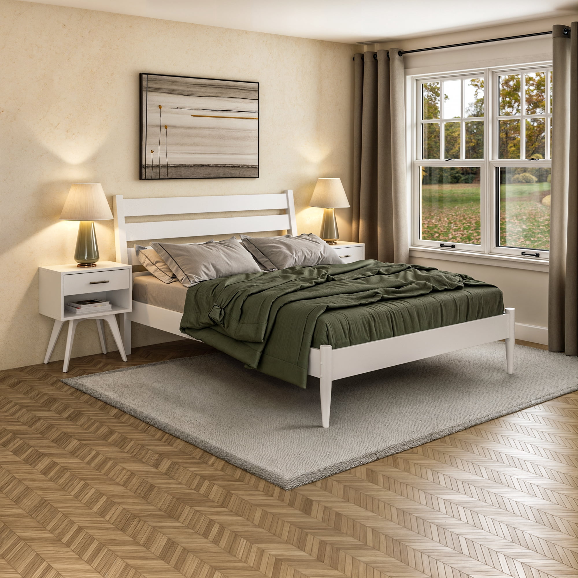 Camaflexi Mid Century Platform Bed Queen Size Solid Wood Bed Frame, White 100% Solid Wood