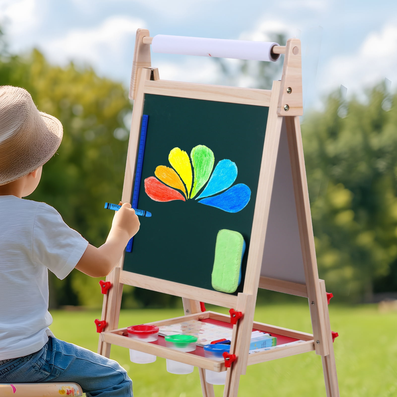 Kids Easel, Toddlers Art Easel, Wooden Kid Easel with Paper Roll, Height Adjustable Magnetic Double Sided Easel, Kids Dry Erase Board-1 Set