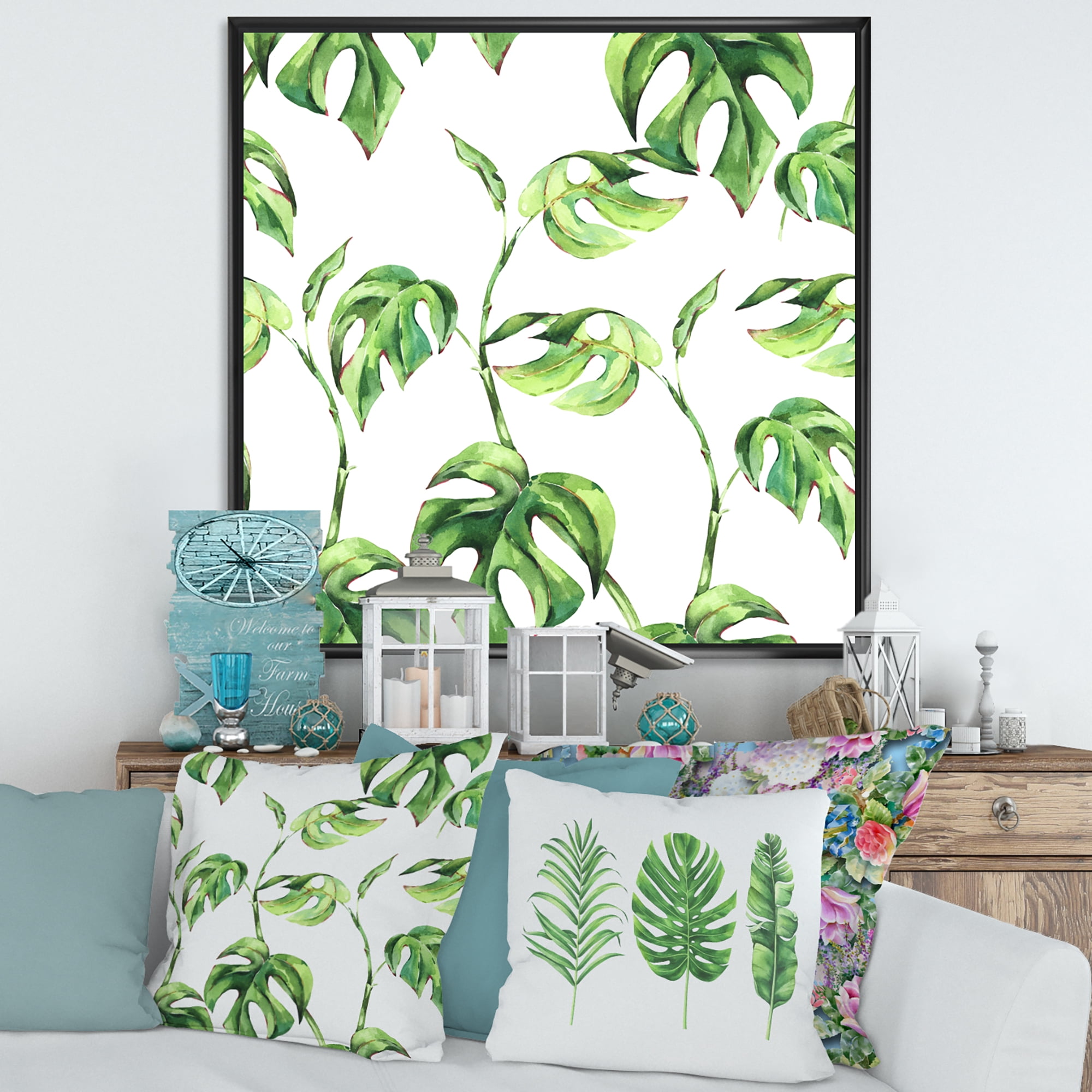 Designart 'Ancient Floral Tropical Leaves II' Tropical Framed Canvas Wall Art Print