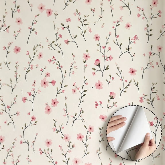 Pink Watercolor Floral Wallpaper Boho Farmhouse Minimalist Aesthetic Waterproof Peel and Stick Wallpaper Wall Decoration for Bedroom Living Room Bathroom Kitchen Cabinet Drawer 17.7*78.7 in