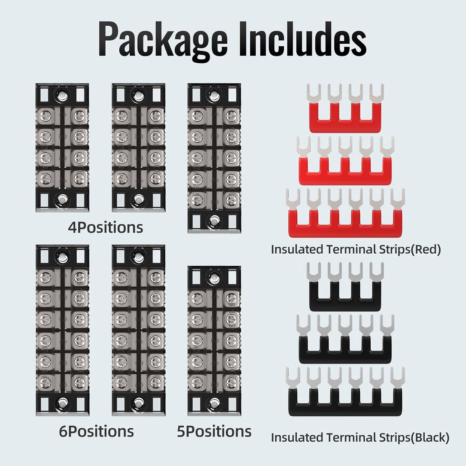 15 screw terminal blocks, 4/5/6 positions double row covered, 400 pre-insulated terminal isolation bars (6 sets of 154/5/6 + 6 sets of connecting bars)