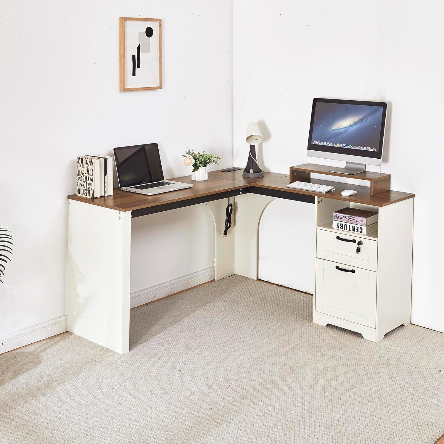 55" Farmhouse L-Shaped Desk with Lift Top,Movable Monitor Stand,L Shaped Standing Office Desk with Lockable Drawer & Adjustable File Drawer,Lift Top Computer Desk with Power Outlets