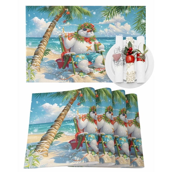 Christmas Placemats Set of 4, Snowman Flower Wreath Place Mats Beach Palm Tree Placemat Table Decoration for Kitchen Table Dinner Xmas Holiday Party Home Decor Indoor Outdoor 13x19 Inch