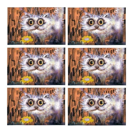 

MKHERT Cat with A Flower in The City Abstract Animal Painting Placemats Table Mats for Dining Room Kitchen Table Decoration 12x18 inch Set of 6