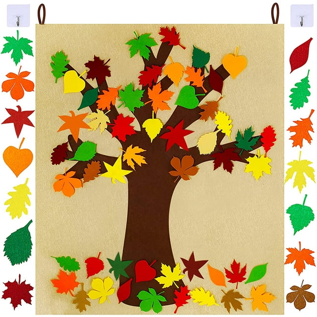 Fall Tree of Thanks Craft Kit Felt Fall Tree Board with 52 pcs Detachable Autumn Leaf Ornaments Autumn Bulletin Board for Kids Classroom Craft Thanksgiving Activity
